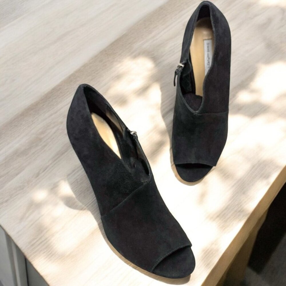 DIANE von FURSTENBERG Uzza Black Suede Peep Toe Stiletto Booties